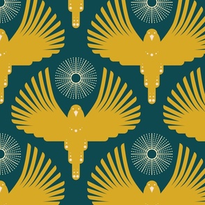 Art Deco Flying Away // large // Art Deco, bird, sun, retro, yellow gold on green