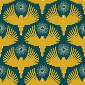 Art Deco Flying Away // small // Art Deco, bird, sun, retro, yellow gold on green