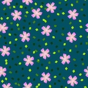 M Floral Garden - Abstract Flower - Violet Pink Magnolia with Green Neon leaves on Teal Green (Turquoise)