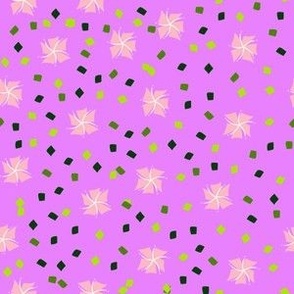 M Floral Garden - Abstract Flower - Soft Pink Cherry Blossom (Sakura) with Green Neon leaves on Bright Purple (Neon Purple, Violet)