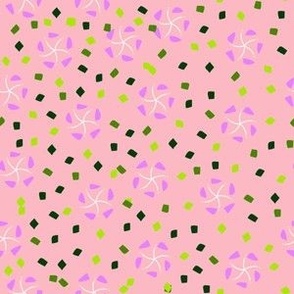 M Floral Garden - Abstract Flower - Pastel Purple Cherry Blossom Petals (Soft Pink Sakura Petals) with twinkling Neon leaves on Pink (coral red) background