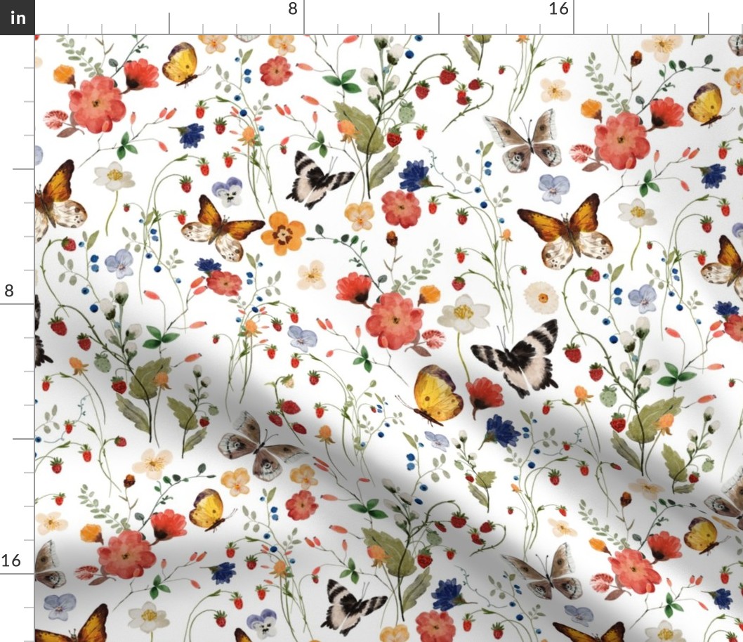 14"  a colorful summer red blue and black berries wildflower meadow  - nostalgic Wildflowers and Herbs home decor on white double layer,   Baby Girl and nursery fabric perfect for kidsroom wallpaper, kids room, kids decor single layer