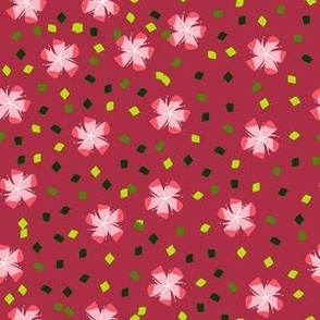 M Floral Garden - Abstract Flower - Coral Red Pink Hibiscus with Green Neon leaves on Red Wine