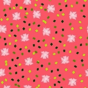 M Floral Garden - Abstract Flower - Pink Sakura Party (Cherry blossom) with twinkling Neon leaves on bright imperial Red