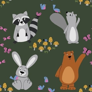 cute forest animals - bear, bunny, raccoon, squirrel - dark green - shw1012 a