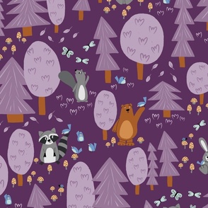 Forest Friends - cute woodland animals - bear, bunny, raccoon, squirrel - dark purple - shw1014 c