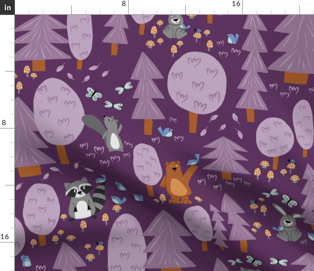 Forest Friends - cute woodland animals - bear, bunny, raccoon, squirrel - dark purple - shw1014 c