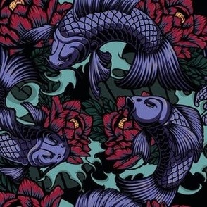 Amethyst Japanese Koi and Red Peonies on Dark Turquoise Waves