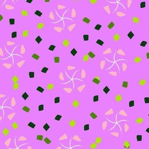L Floral Garden - Abstract Flower -  Pastel Pink Rose Petals with twinkling Neon leaves on violet purple background
