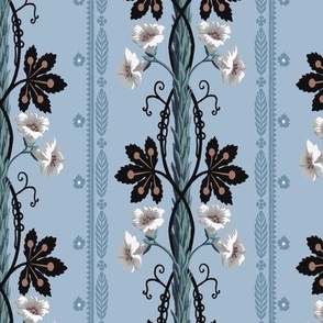 1803 Vintage French Floral Vines in White and Black on Serene Blue - Original Colors