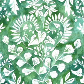 Negative Space Botanical Watercolor - Greens - Large Scale