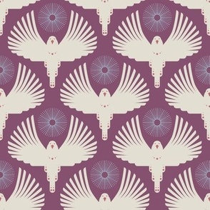 Art Deco Flying Away // small // Art Deco, bird, sun, cream on purple