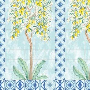 italian villa watercolor lemon tree and blue tile