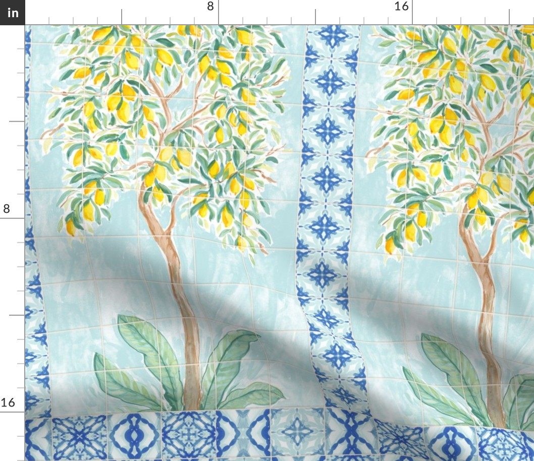italian villa watercolor lemon tree and blue tile