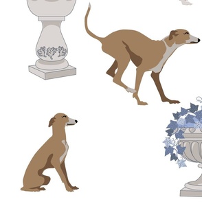 Italian Villa Garden Greyhounds blue dog fabric Large print