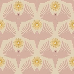 Art Deco Flying Away // medium // Art Deco, bird, sun, pink on cream