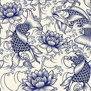 Japanese Koi with Peonies and Waves in Cobalt Blue on Ivory - Coordinate