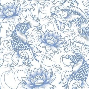 Japanese Koi with Peonies and Waves in Wedgewood Blue on White - Coordinate