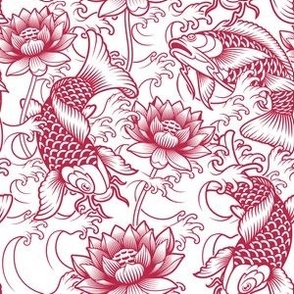 Japanese Koi with Peonies and Waves in Viva Magenta on White - Coordinate