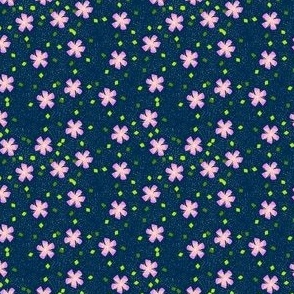S Floral Garden - Abstract Flower - Violet Pink Petunia with White sprinkle and shiny twinkle abstract leaves on Navy Blue