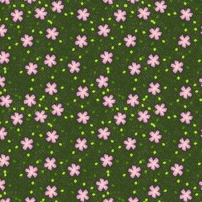 S Floral Garden - Abstract Flower - Violet Pink Shooting Star flower with White sprinkle and shiny twinkle abstract leaves on Green