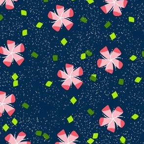 L Floral Garden - Abstract Floral - Star Shape Flower - Red Pink Lily with White sprinkle and shiny twinkle abstract leaves on Navy Blue