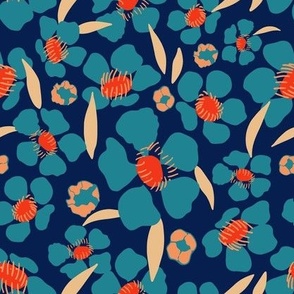 Retro Vintage Floral in navy red blue tan -  MEDIUM