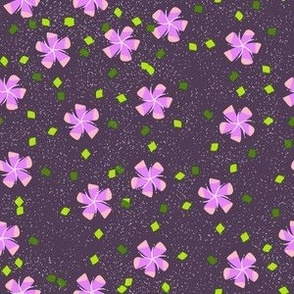 M Floral Garden - Abstract Flower - Violet Pink Plumeria with White sprinkle and shiny twinkle abstract leaves on  Purple