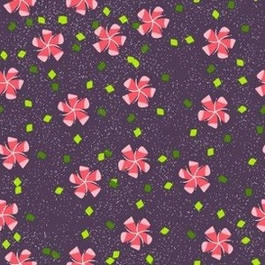 M Floral Garden - Abstract Floral - Star Shape Flower -  Pink Red Petunia with White sprinkle and shiny twinkle abstract leaves on Purple