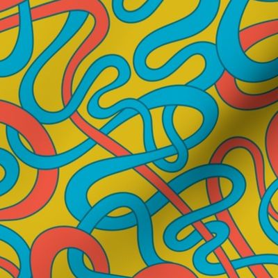 My Stripes Are Tangled Curvy Organic Abstract Squiggle Shapes in Retro Big Top Circus Colours Blue Red Teal on Mustard Yellow - MEDIUM Scale - UnBlink Studio by Jackie Tahara