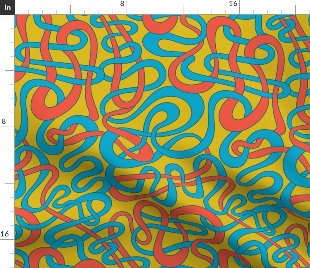 My Stripes Are Tangled Curvy Organic Abstract Squiggle Shapes in Retro Big Top Circus Colours Blue Red Teal on Mustard Yellow - MEDIUM Scale - UnBlink Studio by Jackie Tahara