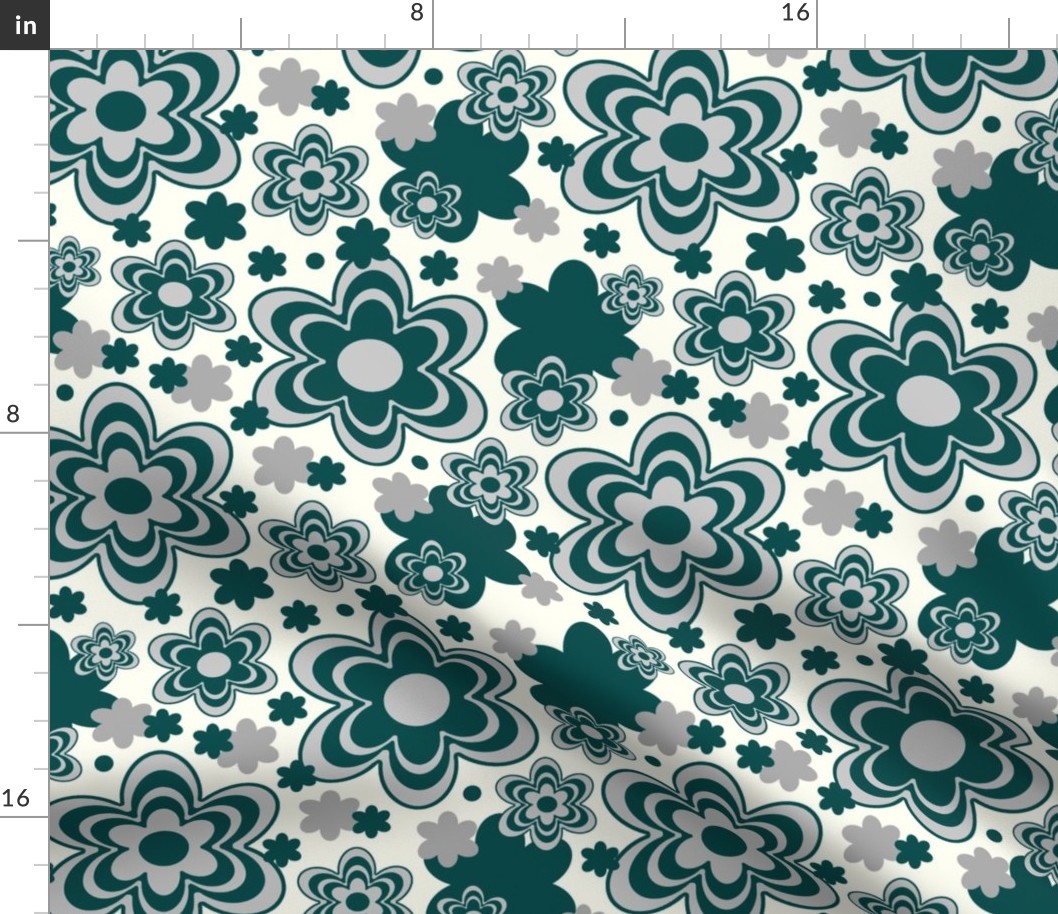Floral Teal Blue Gray Cream 