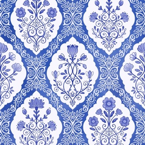 floral motifs watercolor and chalk style - blue  and white -  vintage  - classic - Italian - wallpaper - home decor - 