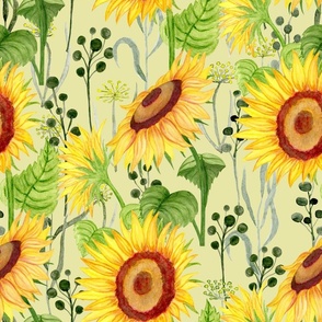Sunflowers on a yellow background 3, watercolour illustration. 