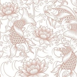 Japanese Koi with Peonies and Waves in Regency Pink on White - Coordinate