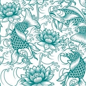 Japanese Koi with Peonies and Waves in Teal on White - Coordinate