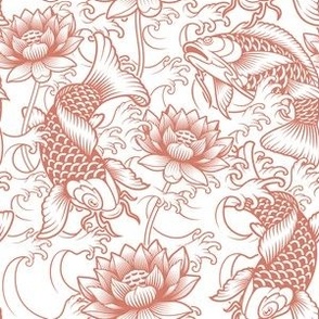 Japanese Koi with Peonies and Waves in Terra Cotta on White - Coordinate