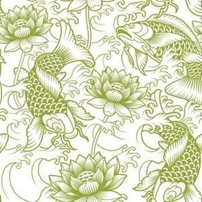 Japanese Koi with Peonies and Waves in Titanite Green on White - Coordinate