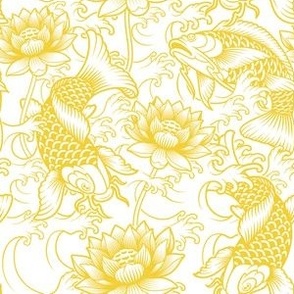 Japanese Koi with Peonies and Waves in Saffron Yellow on White - Coordinate
