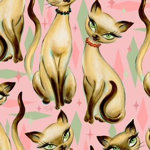 XTRA LARGE-Siamese Cats on Pink Mid-Century Modern