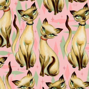 LARGE-Siamese Cats on Pink Mid-Century Modern