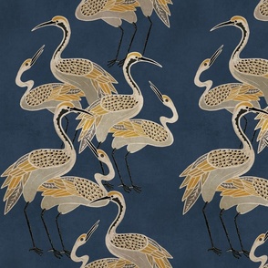Deco Cranes, Navy Blue Background, 12.00in x 17.78in repeat scale