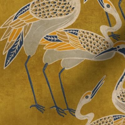 Deco Cranes, Golden with Navy Accents, 12.00in x 17.78in repeat scale