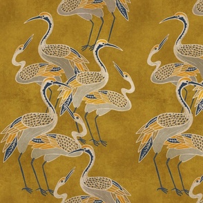 Deco Cranes, Golden with Navy Accents, 12.00in x 17.78in repeat scale
