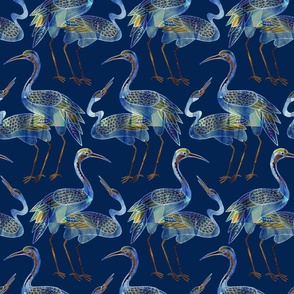 Deco Cranes Navy Blue and Sapphire, 6.00in x 12.00in repeat scale