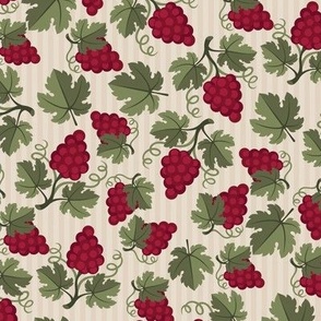 Victorian Grapevine Ditsy in Claret and Green on Light Regency Linen Pinstripes - Coordinate