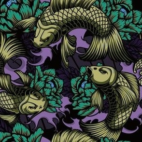 Japanese Koi, Peonies, and Waves in Sage Green, Teal, and Amethyst