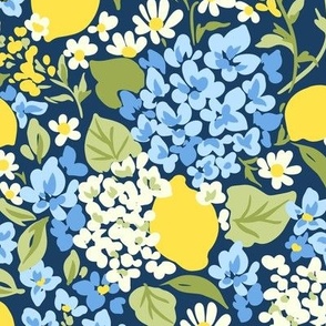 Hydrangeas and Lemons on Dark Blue