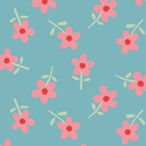 Pretty Pink Flowers on Blue - 1 inch
