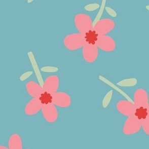 Pretty Pink Flowers on Blue - 2  inch
